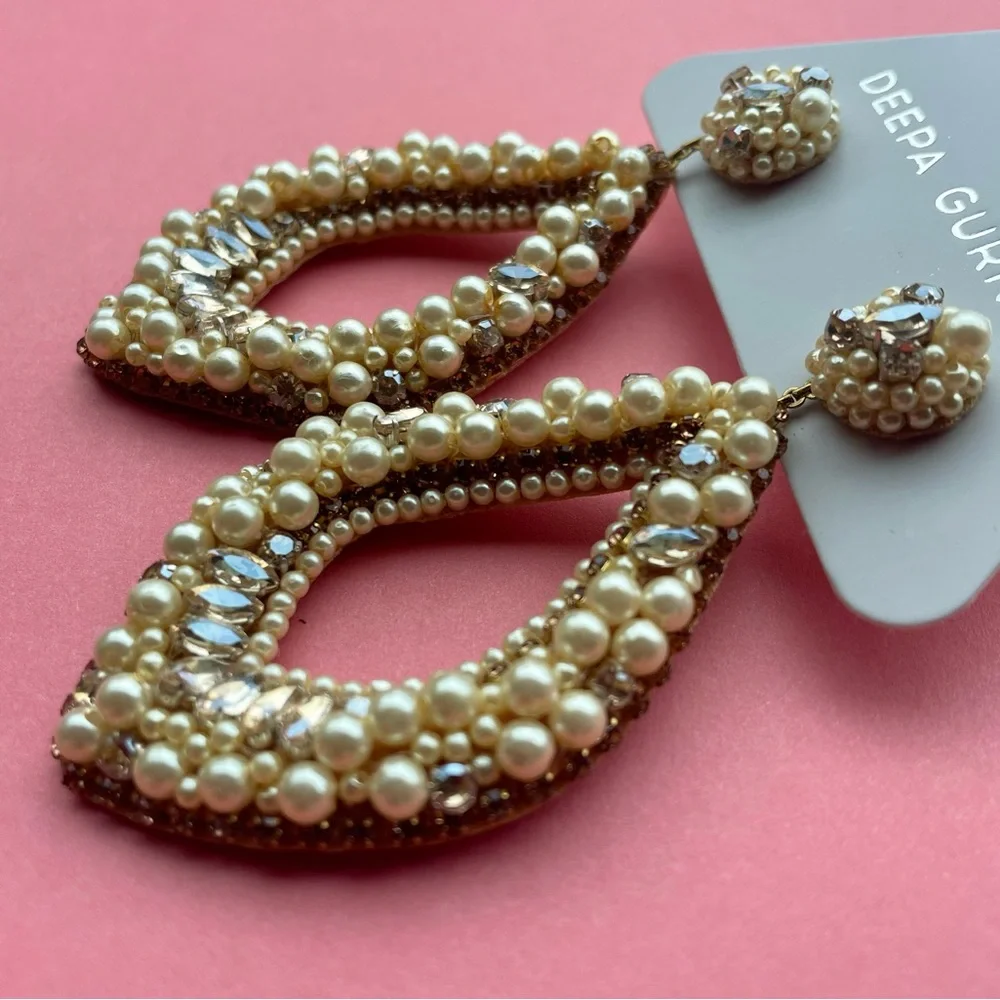 Deepa Gurnani Pearl & Rhinestone Statement Chandelier Earrings Ivory NWT - Picture 4 of 14